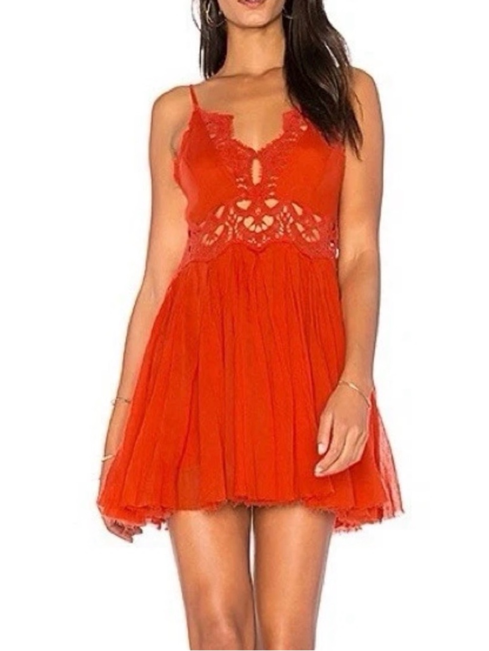 Free People, small petite, Red Lace Trim Spaghetti Strap Mini Dress